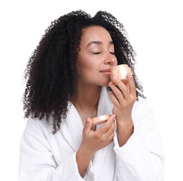 Photo of Beautiful Brazilian woman with jar of collagen cream on white background
