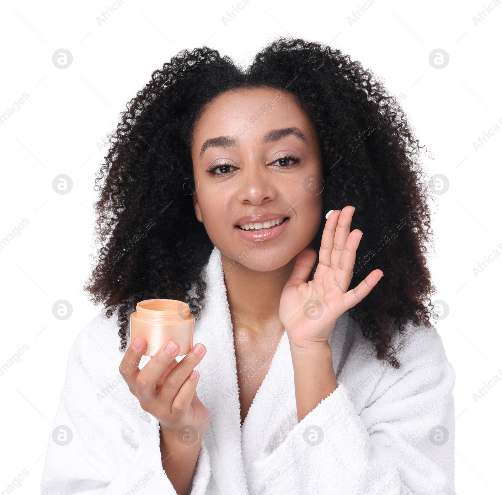 Beautiful Brazilian woman with jar of collagen cream on white background Photo of Beautiful Brazilian woman with jar of collagen cream on white background