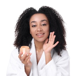 Photo of Beautiful Brazilian woman with jar of collagen cream on white background