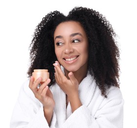 Photo of Beautiful Brazilian woman with jar of collagen cream on white background