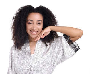Photo of Beautiful Brazilian woman with healthy skin on white background