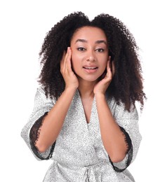 Photo of Beautiful Brazilian woman with healthy skin on white background
