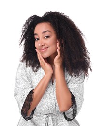 Photo of Beautiful Brazilian woman with healthy skin on white background