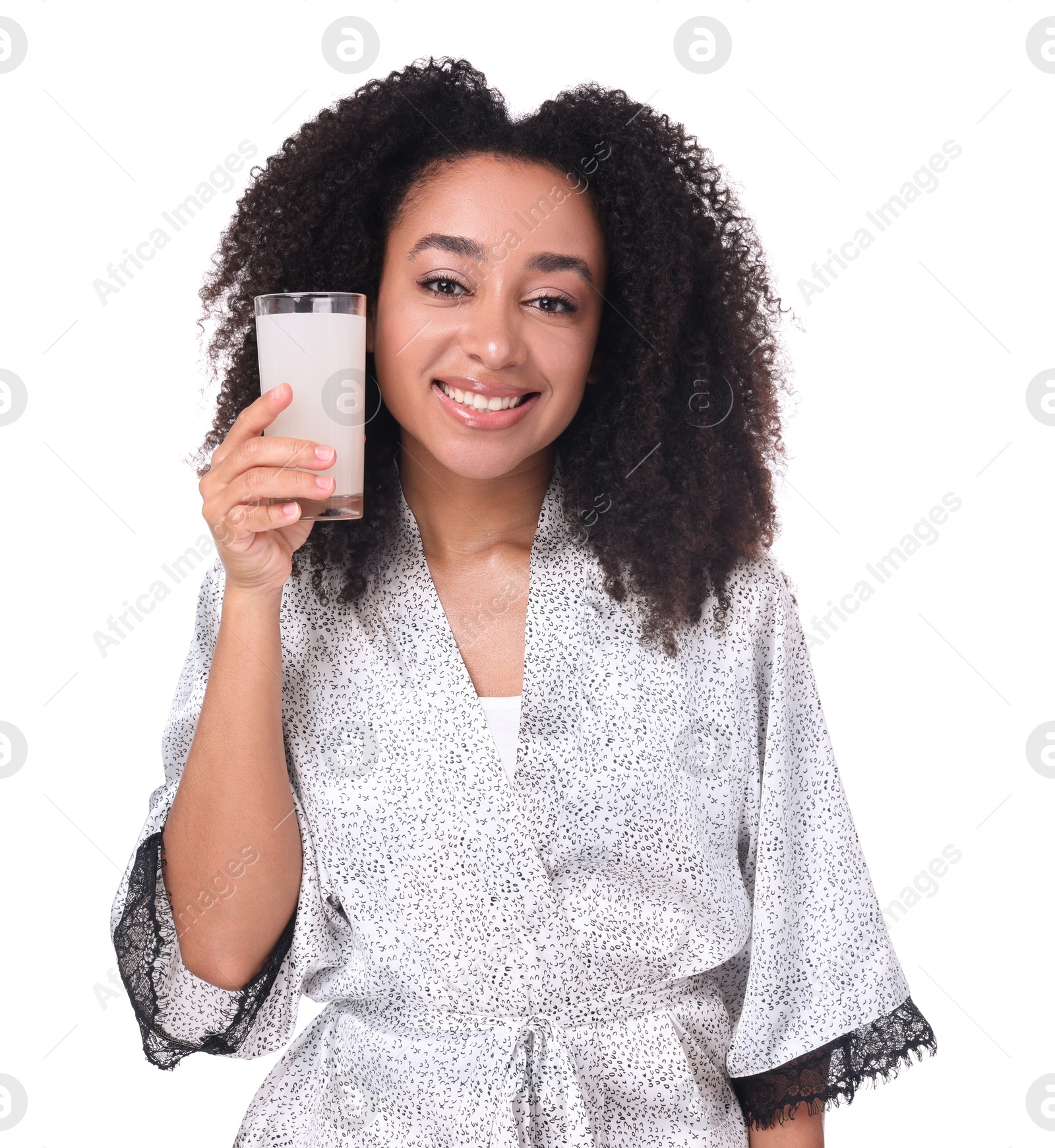 Beautiful Brazilian woman with glass of collagen water on white background Photo of Beautiful Brazilian woman with glass of collagen water on white background