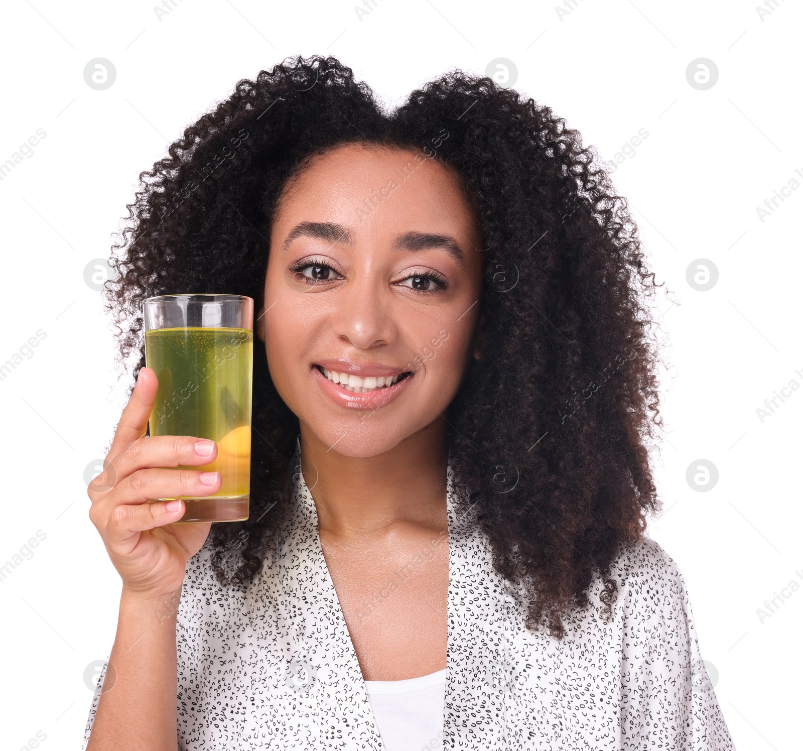 Beautiful Brazilian woman with glass of collagen water on white background Photo of Beautiful Brazilian woman with glass of collagen water on white background