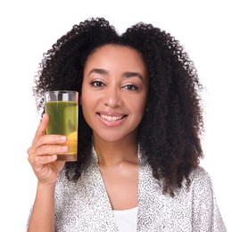 Photo of Beautiful Brazilian woman with glass of collagen water on white background