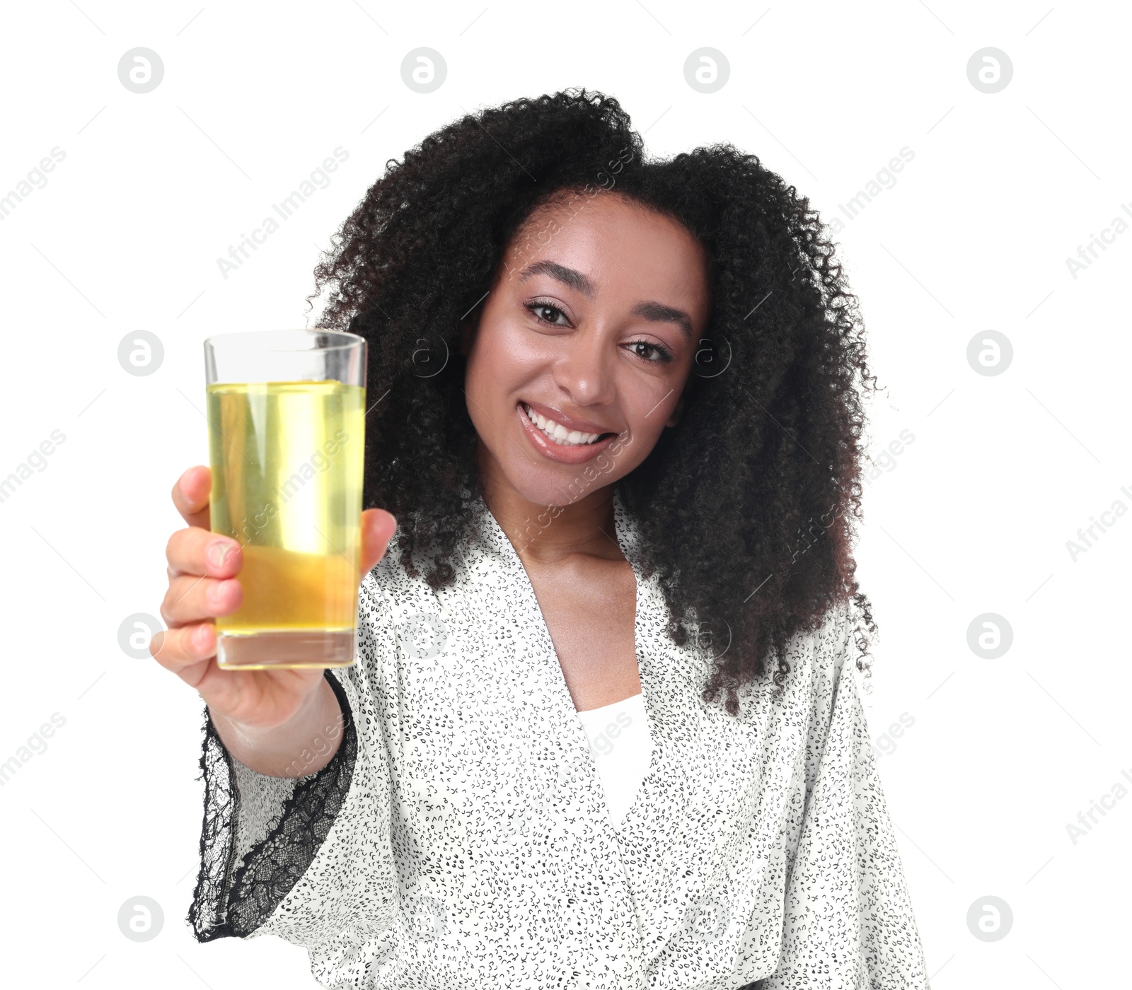 Beautiful Brazilian woman with glass of collagen water on white background Photo of Beautiful Brazilian woman with glass of collagen water on white background