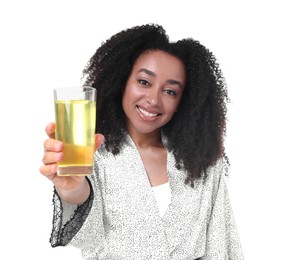 Photo of Beautiful Brazilian woman with glass of collagen water on white background
