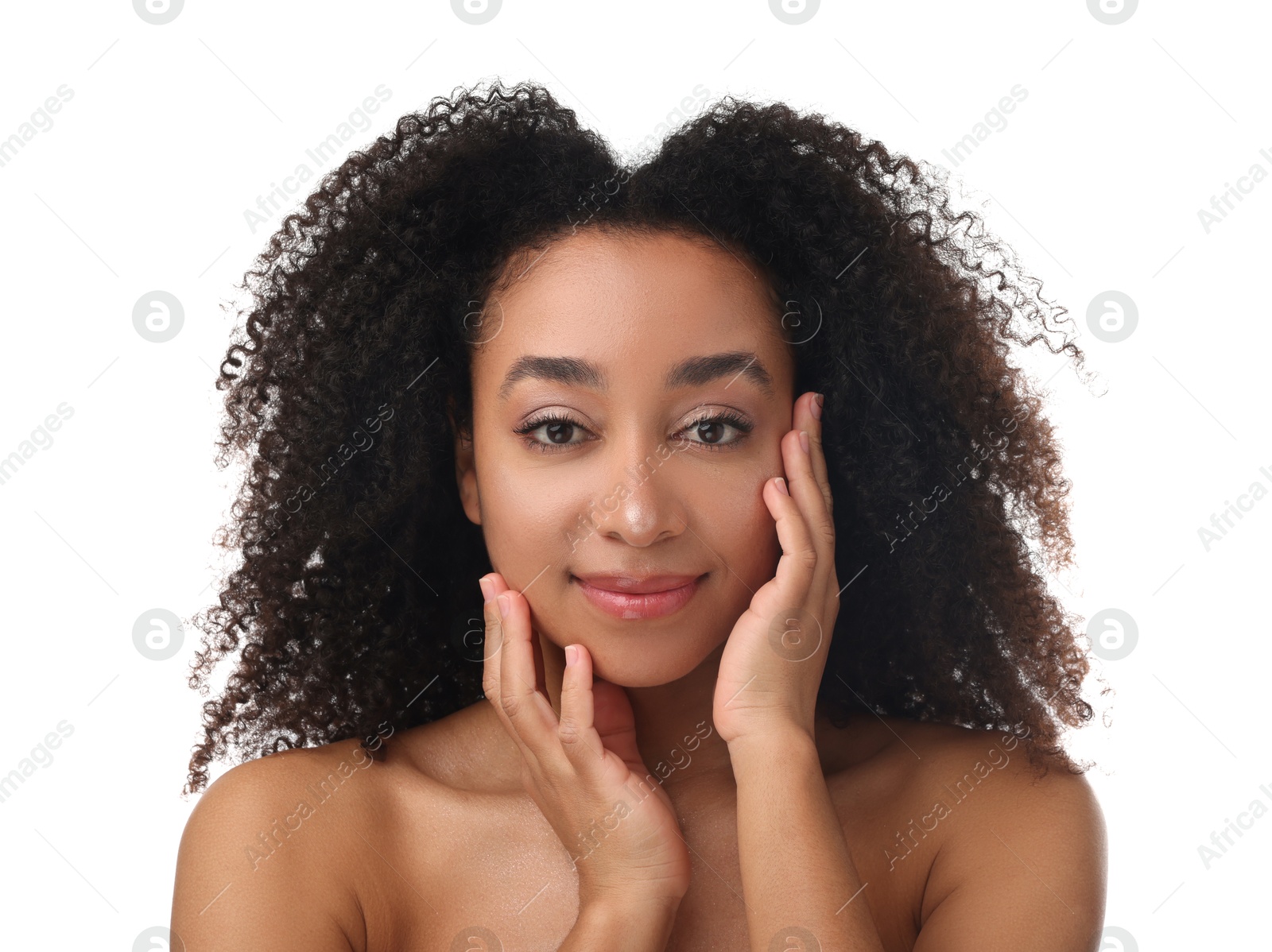 Portrait of beautiful Brazilian woman after spa treatment on white background Photo of Portrait of beautiful Brazilian woman after spa treatment on white background