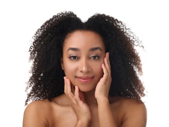 Photo of Portrait of beautiful Brazilian woman after spa treatment on white background