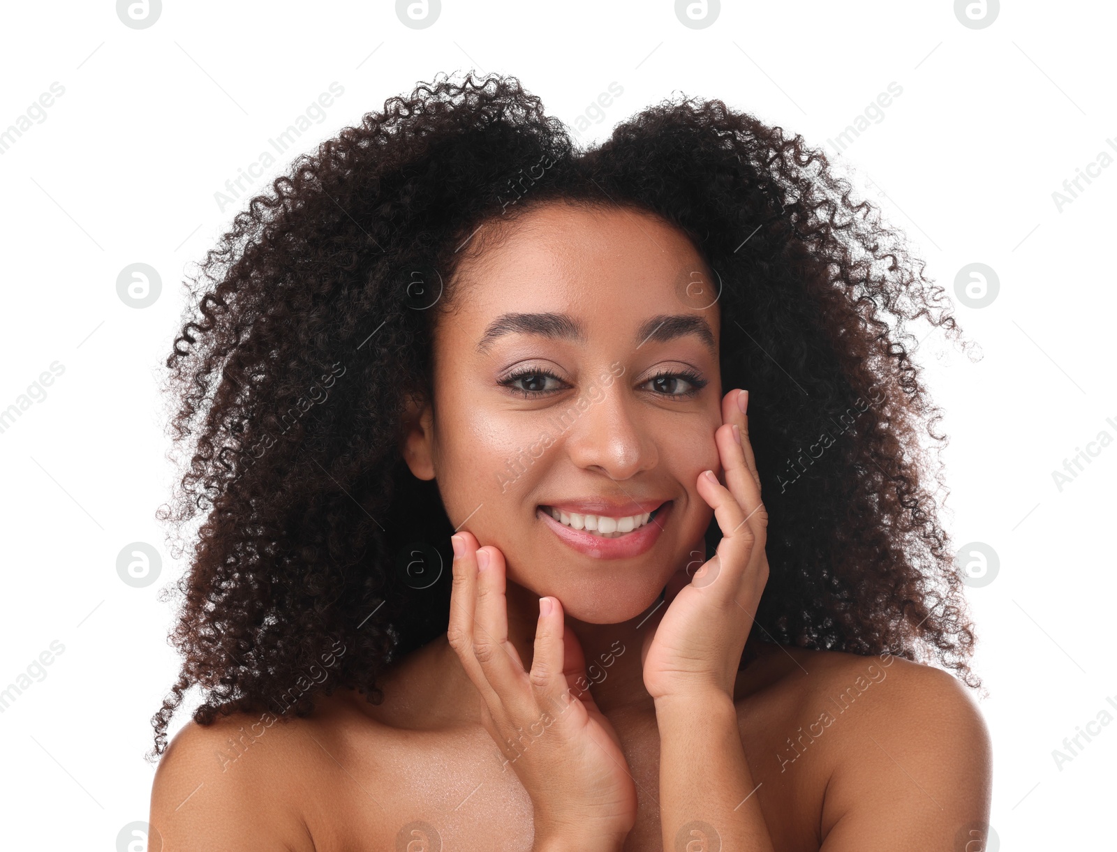 Portrait of beautiful Brazilian woman after spa treatment on white background Photo of Portrait of beautiful Brazilian woman after spa treatment on white background