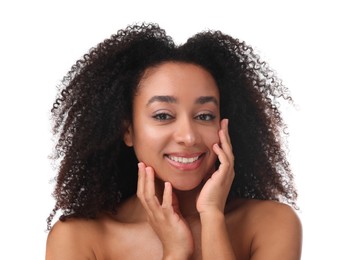 Photo of Portrait of beautiful Brazilian woman after spa treatment on white background