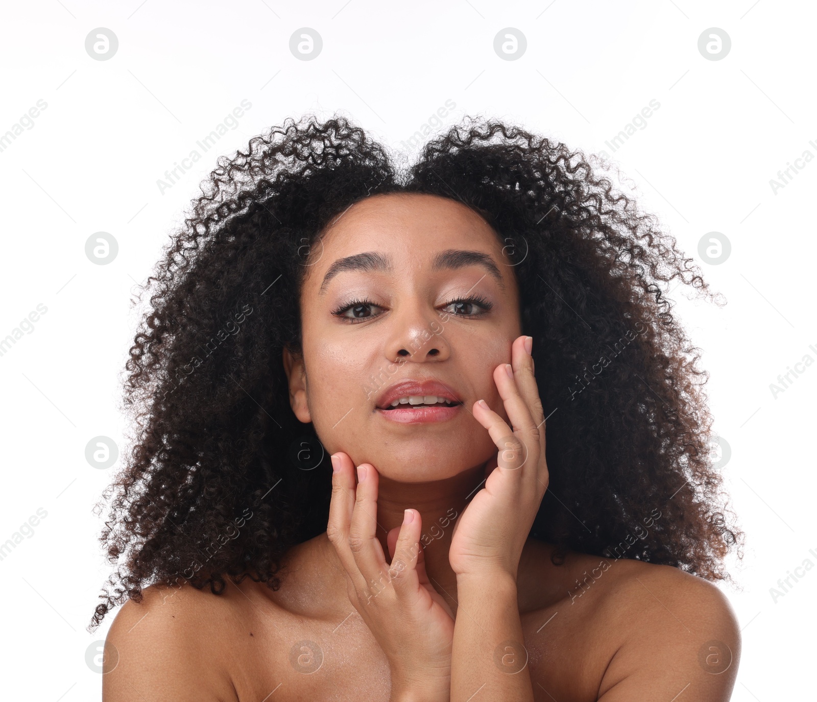 Portrait of beautiful Brazilian woman after spa treatment on white background Photo of Portrait of beautiful Brazilian woman after spa treatment on white background