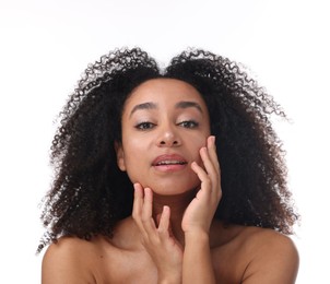 Photo of Portrait of beautiful Brazilian woman after spa treatment on white background