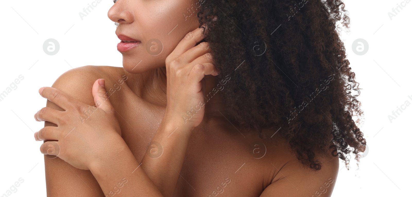 Brazilian woman after spa treatment on white background, closeup Photo of Brazilian woman after spa treatment on white background, closeup
