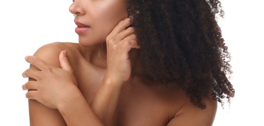 Photo of Brazilian woman after spa treatment on white background, closeup