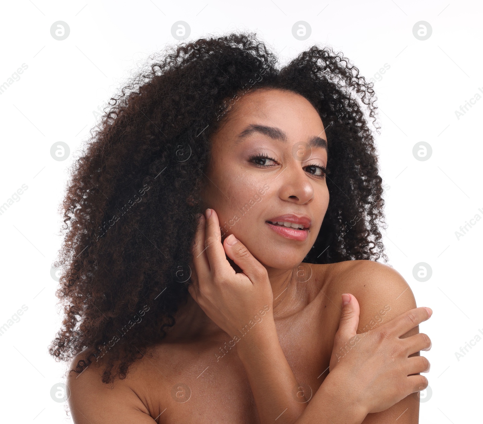 Portrait of beautiful Brazilian woman after spa treatment on white background Photo of Portrait of beautiful Brazilian woman after spa treatment on white background