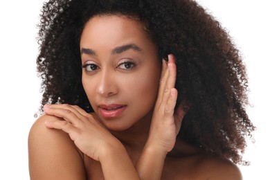 Photo of Portrait of beautiful Brazilian woman after spa treatment on white background