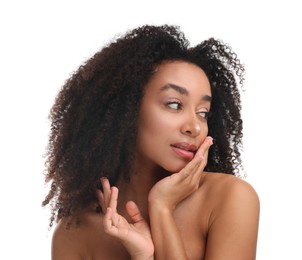 Photo of Portrait of beautiful Brazilian woman after spa treatment on white background