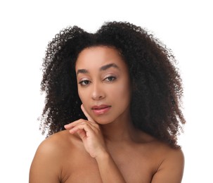 Photo of Portrait of beautiful Brazilian woman after spa treatment on white background