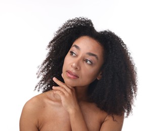 Photo of Portrait of beautiful Brazilian woman after spa treatment on white background