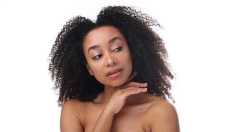 Photo of Portrait of beautiful Brazilian woman after spa treatment on white background