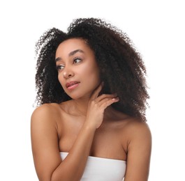 Photo of Portrait of beautiful Brazilian woman after spa treatment on white background
