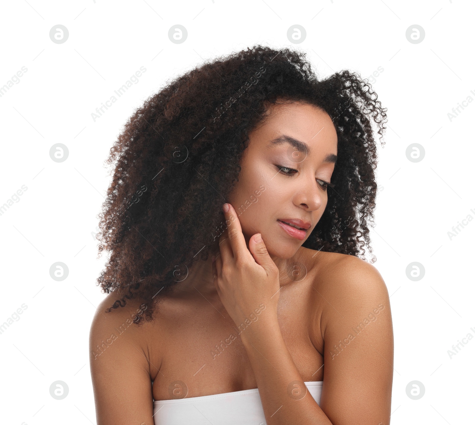 Portrait of beautiful Brazilian woman after spa treatment on white background Photo of Portrait of beautiful Brazilian woman after spa treatment on white background