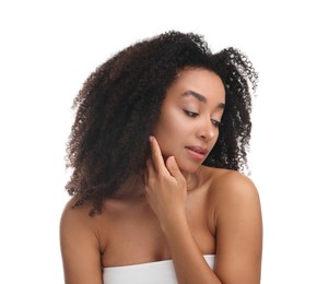 Photo of Portrait of beautiful Brazilian woman after spa treatment on white background