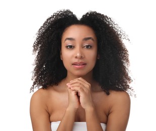 Photo of Portrait of beautiful Brazilian woman after spa treatment on white background