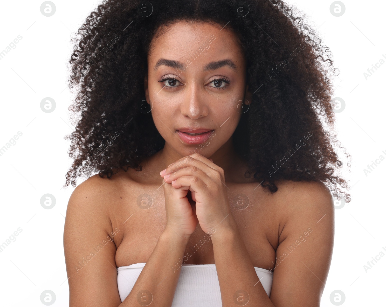 Portrait of beautiful Brazilian woman after spa treatment on white background Photo of Portrait of beautiful Brazilian woman after spa treatment on white background