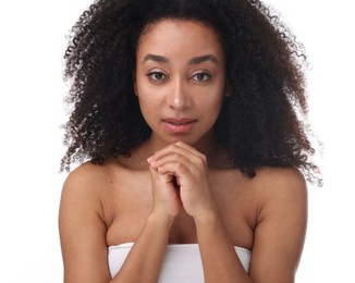 Photo of Portrait of beautiful Brazilian woman after spa treatment on white background