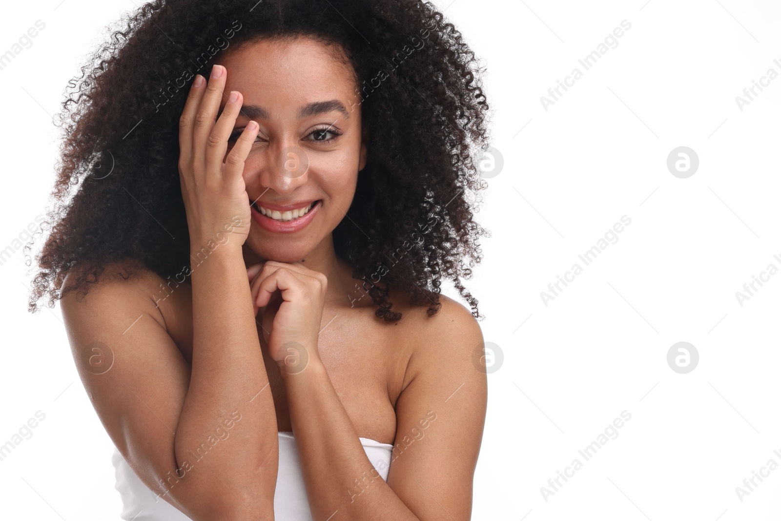 Portrait of beautiful Brazilian woman after spa treatment on white background Photo of Portrait of beautiful Brazilian woman after spa treatment on white background