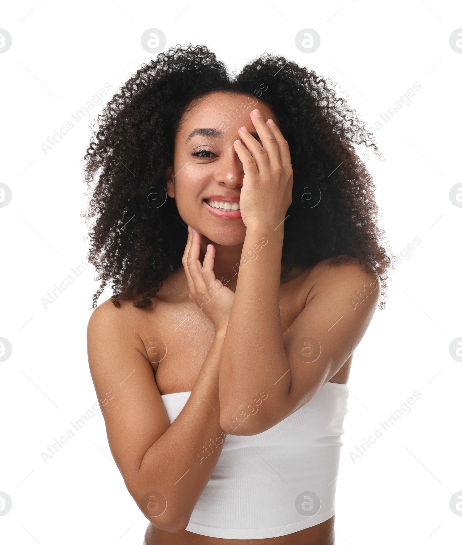 Portrait of beautiful Brazilian woman after spa treatment on white background Photo of Portrait of beautiful Brazilian woman after spa treatment on white background