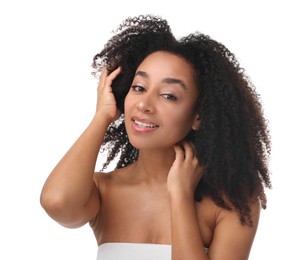 Photo of Portrait of beautiful Brazilian woman after spa treatment on white background