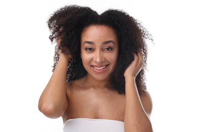 Photo of Portrait of beautiful Brazilian woman after spa treatment on white background