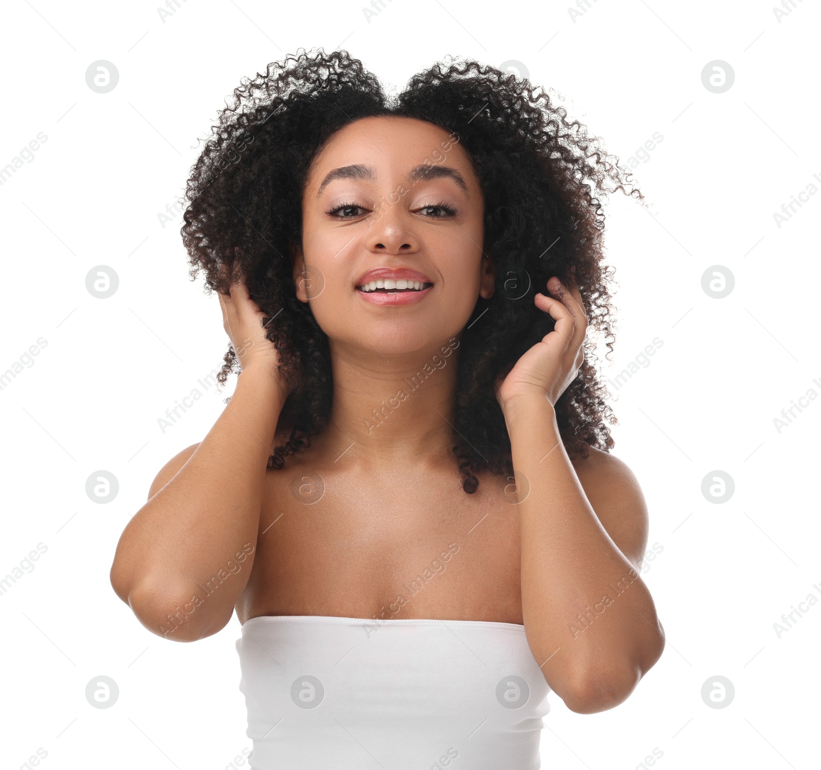 Portrait of beautiful Brazilian woman after spa treatment on white background Photo of Portrait of beautiful Brazilian woman after spa treatment on white background