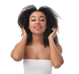Photo of Portrait of beautiful Brazilian woman after spa treatment on white background