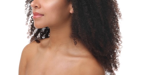 Photo of Brazilian woman after spa treatment on white background, closeup