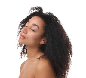 Photo of Portrait of beautiful Brazilian woman after spa treatment on white background