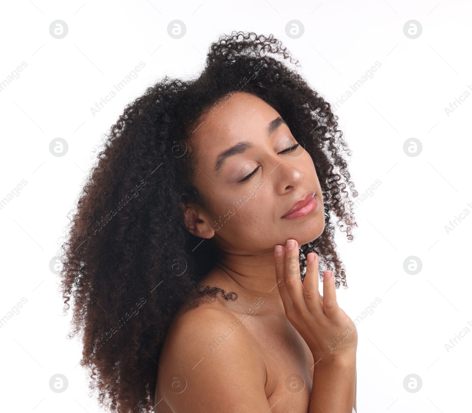 Photo of Portrait of beautiful Brazilian woman after spa treatment on white background