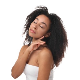 Photo of Portrait of beautiful Brazilian woman after spa treatment on white background