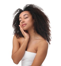 Photo of Portrait of beautiful Brazilian woman after spa treatment on white background