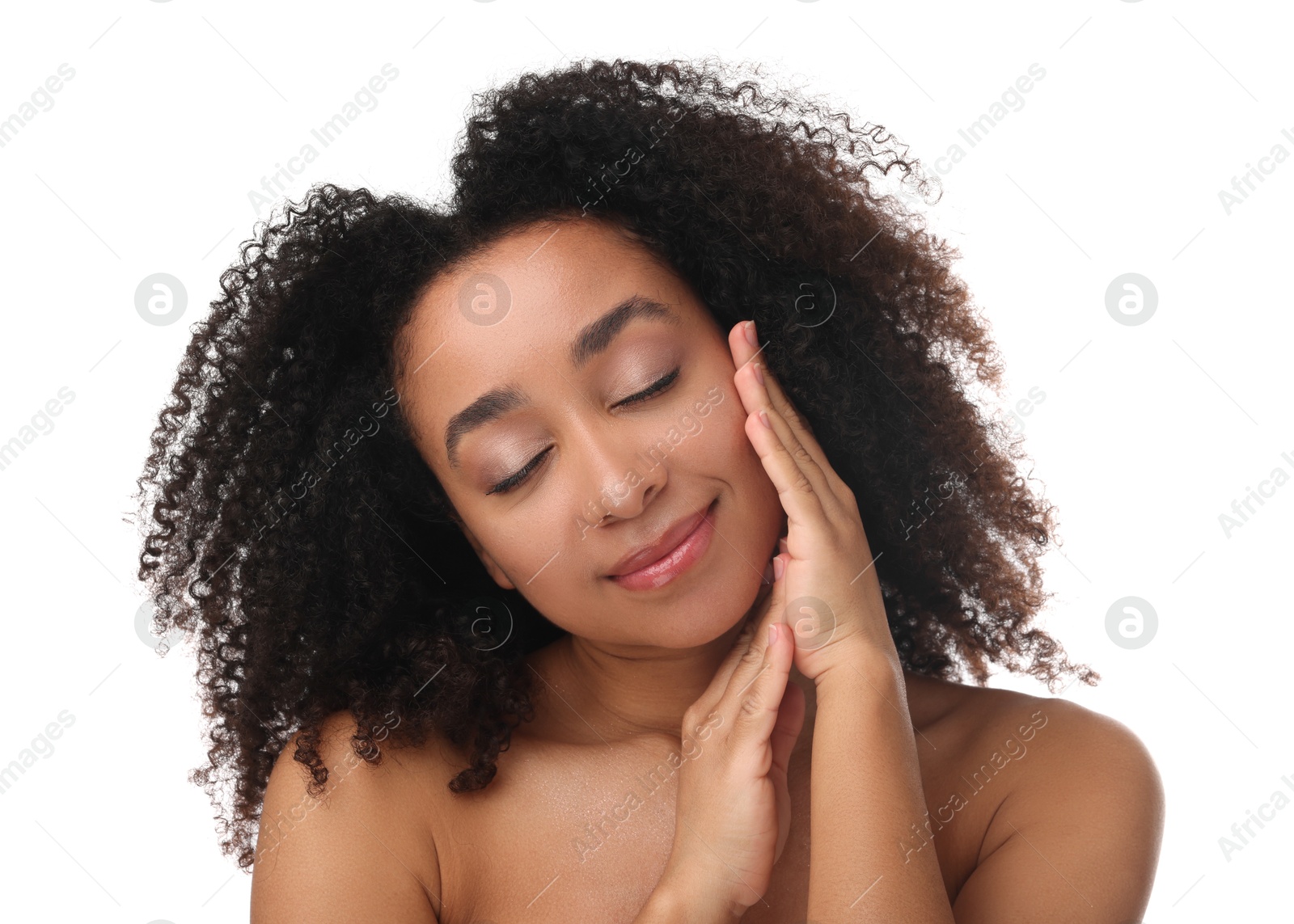 Portrait of beautiful Brazilian woman after spa treatment on white background Photo of Portrait of beautiful Brazilian woman after spa treatment on white background