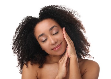 Photo of Portrait of beautiful Brazilian woman after spa treatment on white background