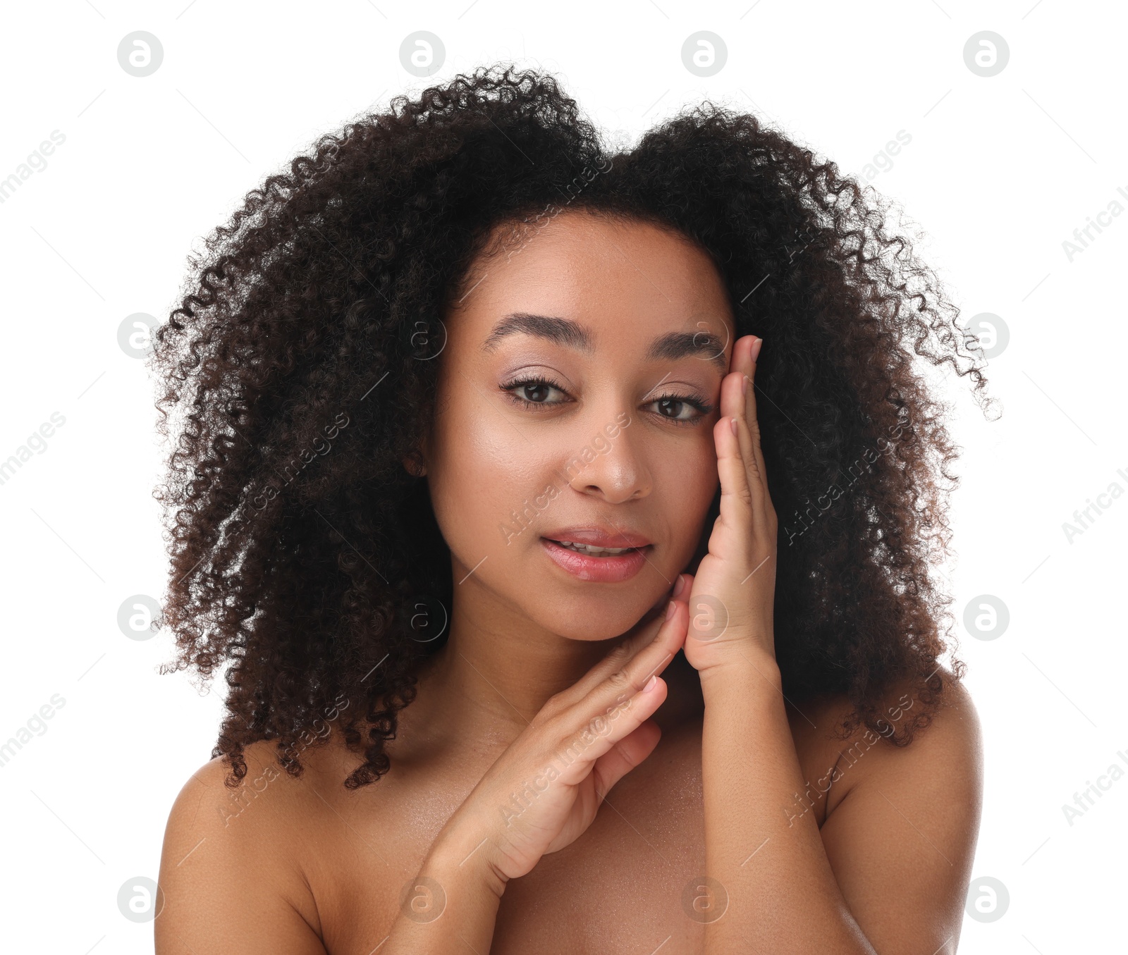 Photo of Portrait of beautiful Brazilian woman after spa treatment on white background
