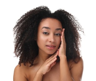 Photo of Portrait of beautiful Brazilian woman after spa treatment on white background