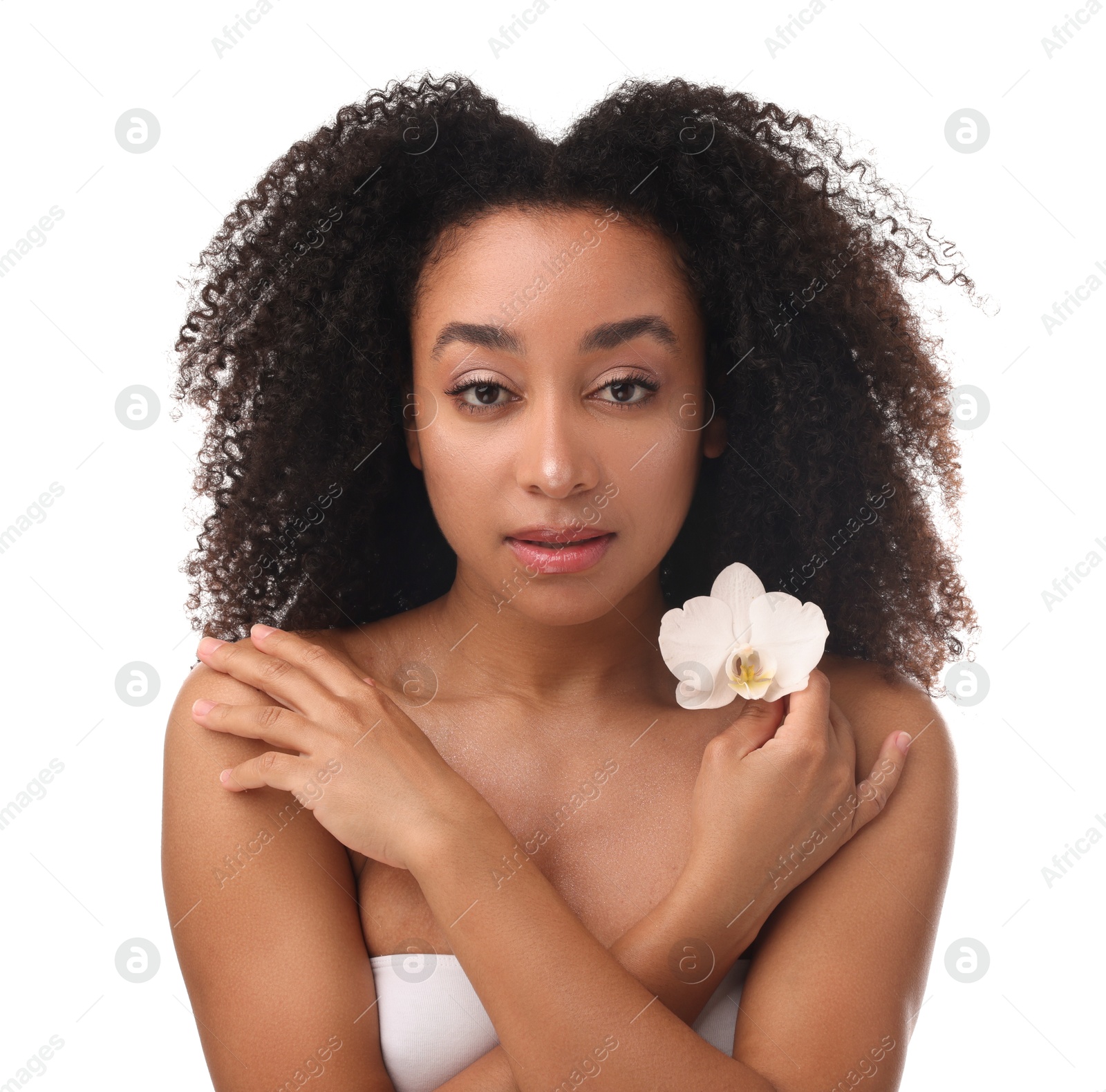 Portrait of beautiful Brazilian woman with orchid flower after spa treatment on white background Photo of Portrait of beautiful Brazilian woman with orchid flower after spa treatment on white background