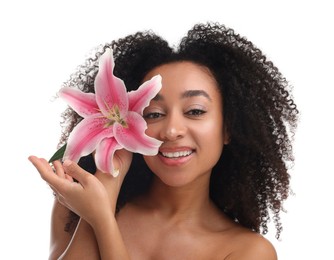 Photo of Portrait of beautiful Brazilian woman with lily flower after spa treatment on white background
