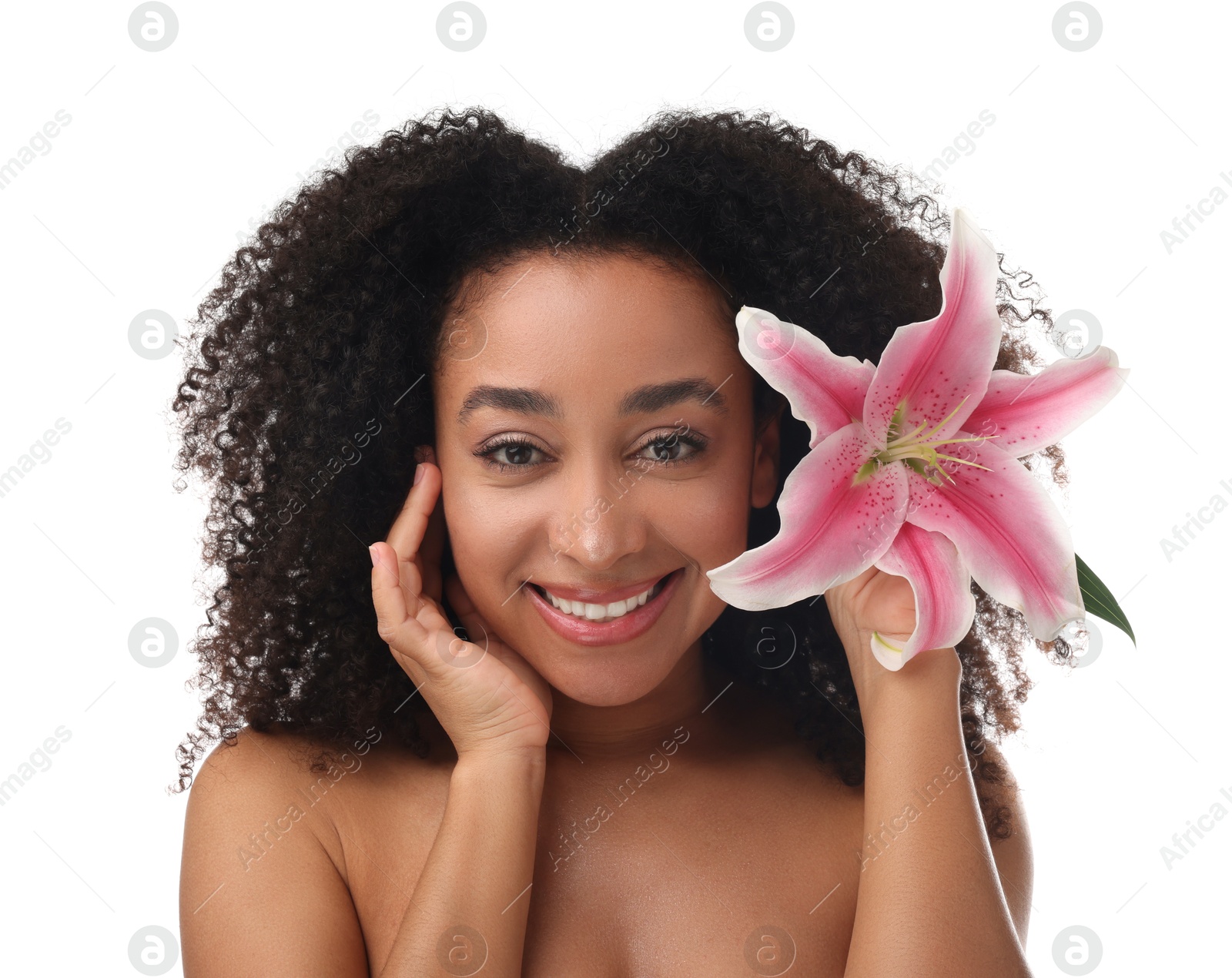 Portrait of beautiful Brazilian woman with lily flower after spa treatment on white background Photo of Portrait of beautiful Brazilian woman with lily flower after spa treatment on white background